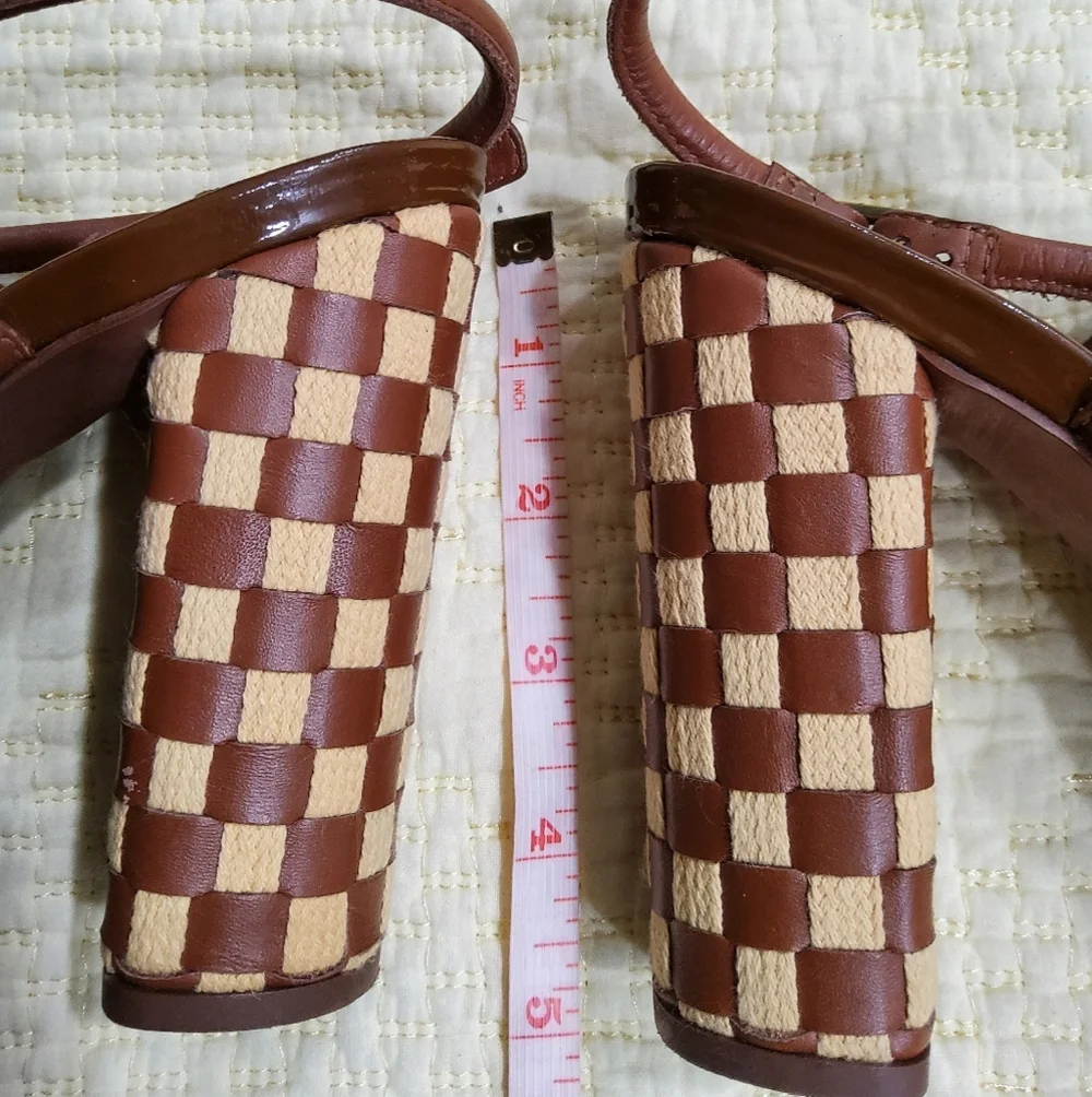 Tory Burch Layce Strappy Brown Leather Woven Block Heel Sandals Size 9,5